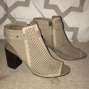 Beige open toe heel booties